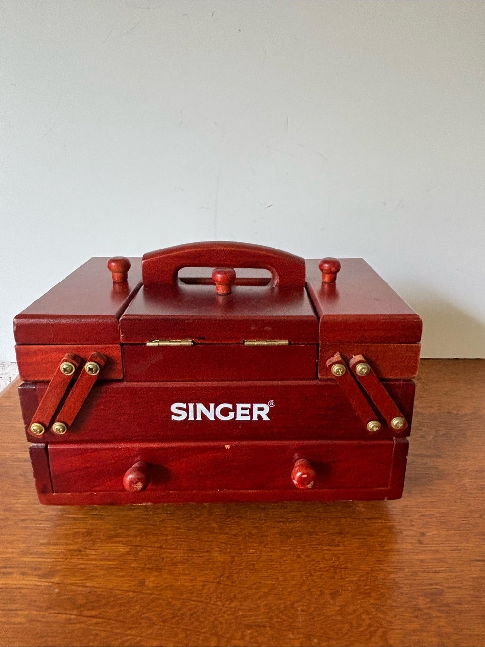 Singer Red Wood Sewing Box Organizer